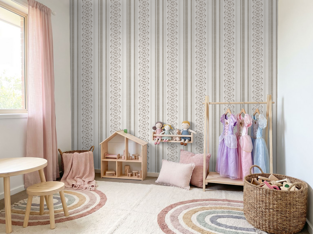 Taupe and cream floral stripe wallpaper in cozy children's playroom with toys.