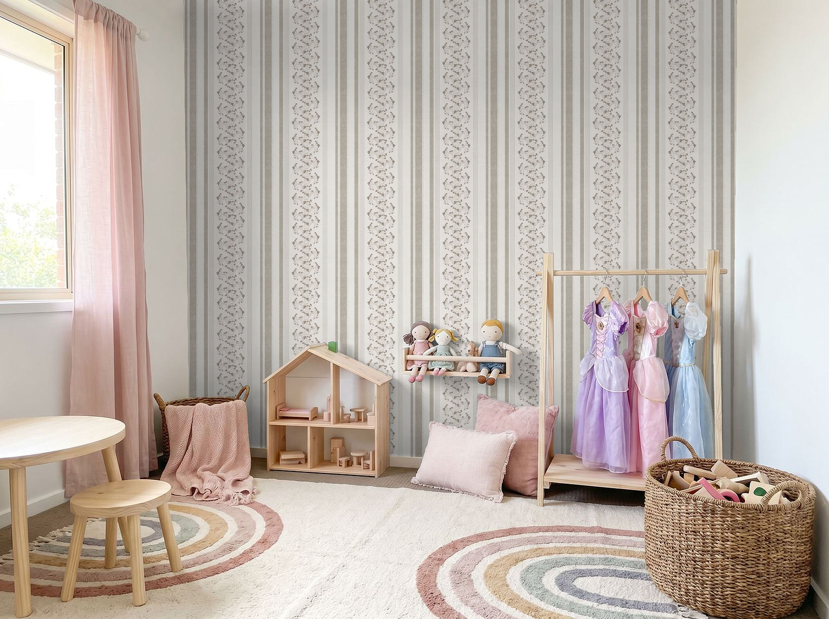 Taupe and cream floral stripe wallpaper in cozy children's playroom with toys.