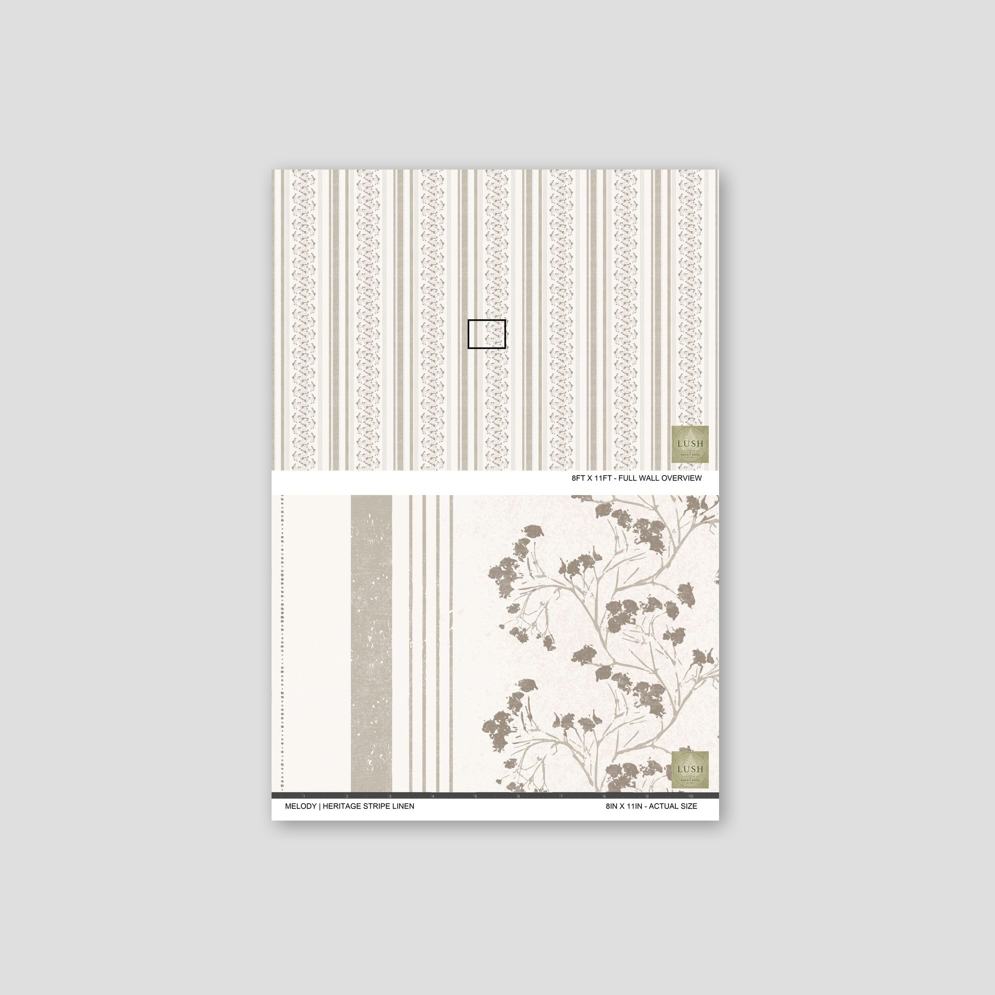 Taupe and cream floral stripe wallpaper sample with vintage design.
