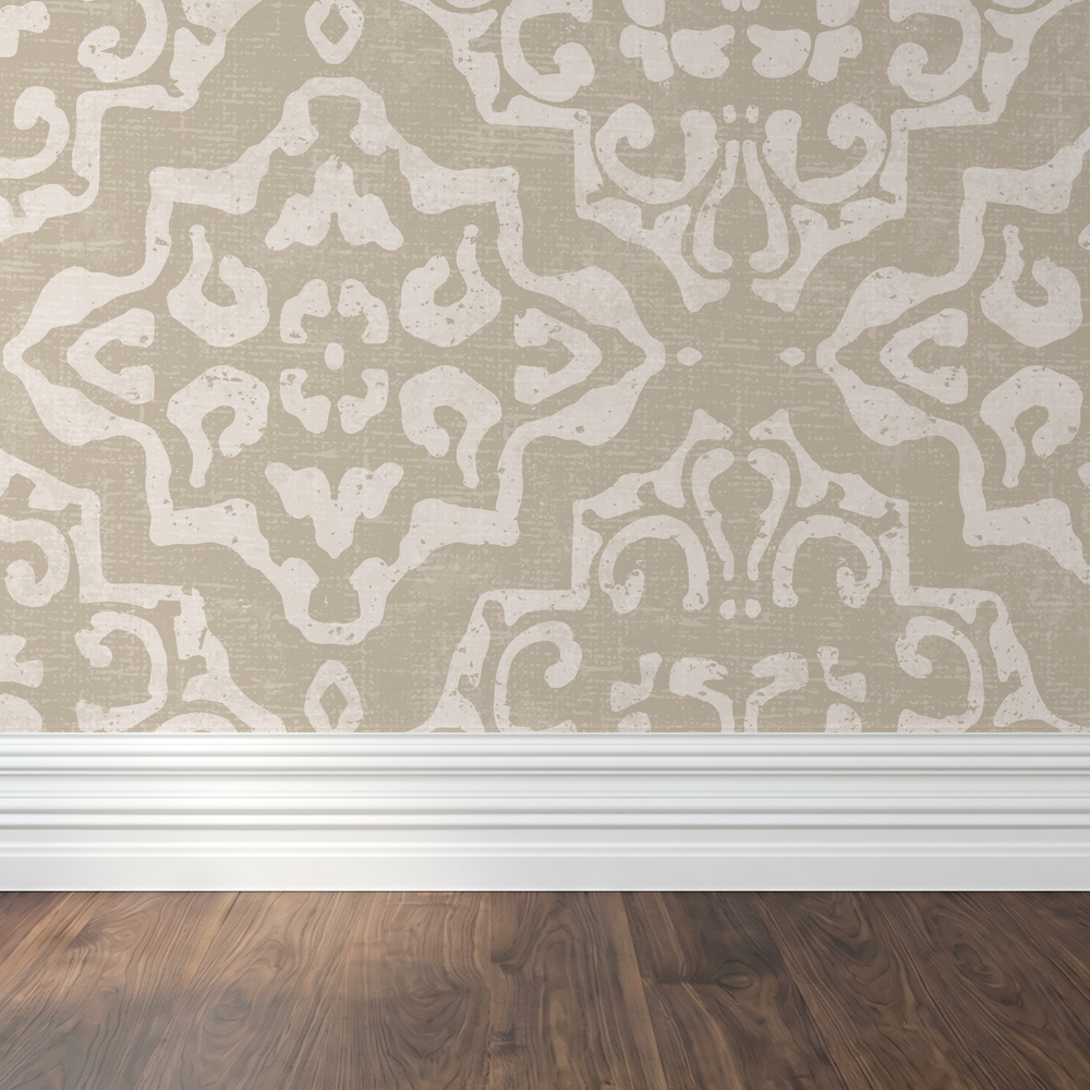 Taupe and cream ornate damask wallpaper in elegant room setting.