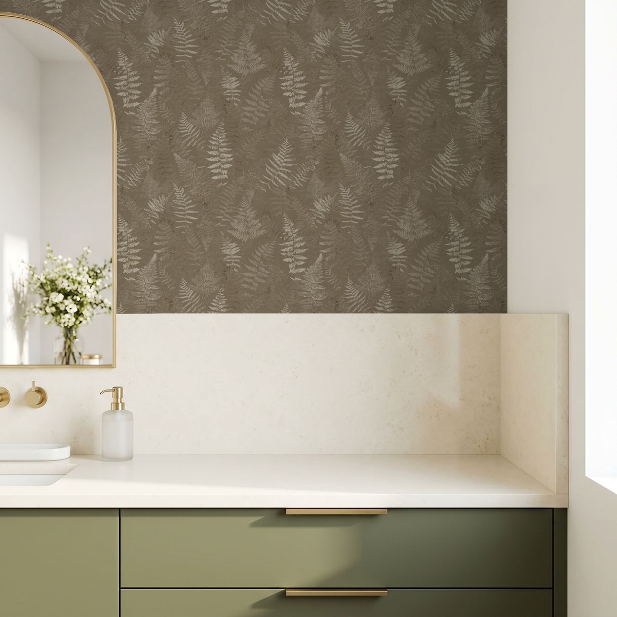 Taupe fern botanical wallpaper in modern bathroom with green vanity.