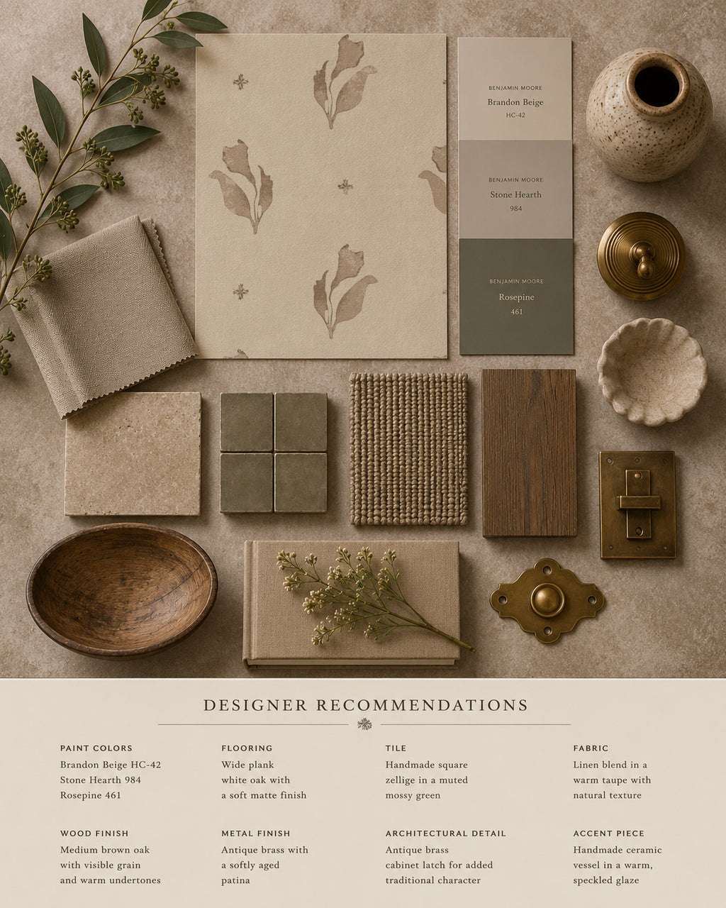 Taupe floral botanical wallpaper sample on cream with decor elements.