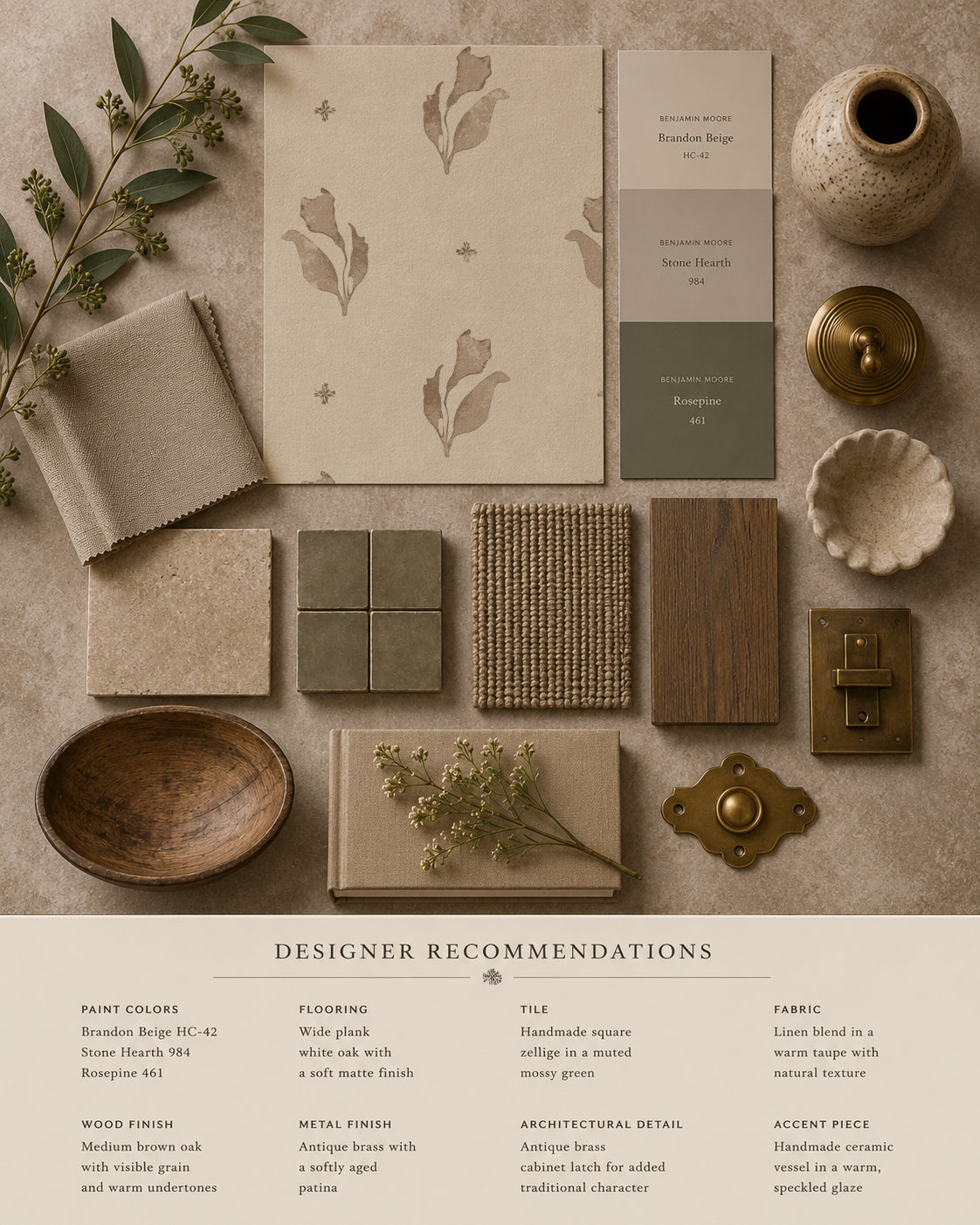 Taupe floral botanical wallpaper sample on cream with decor elements.