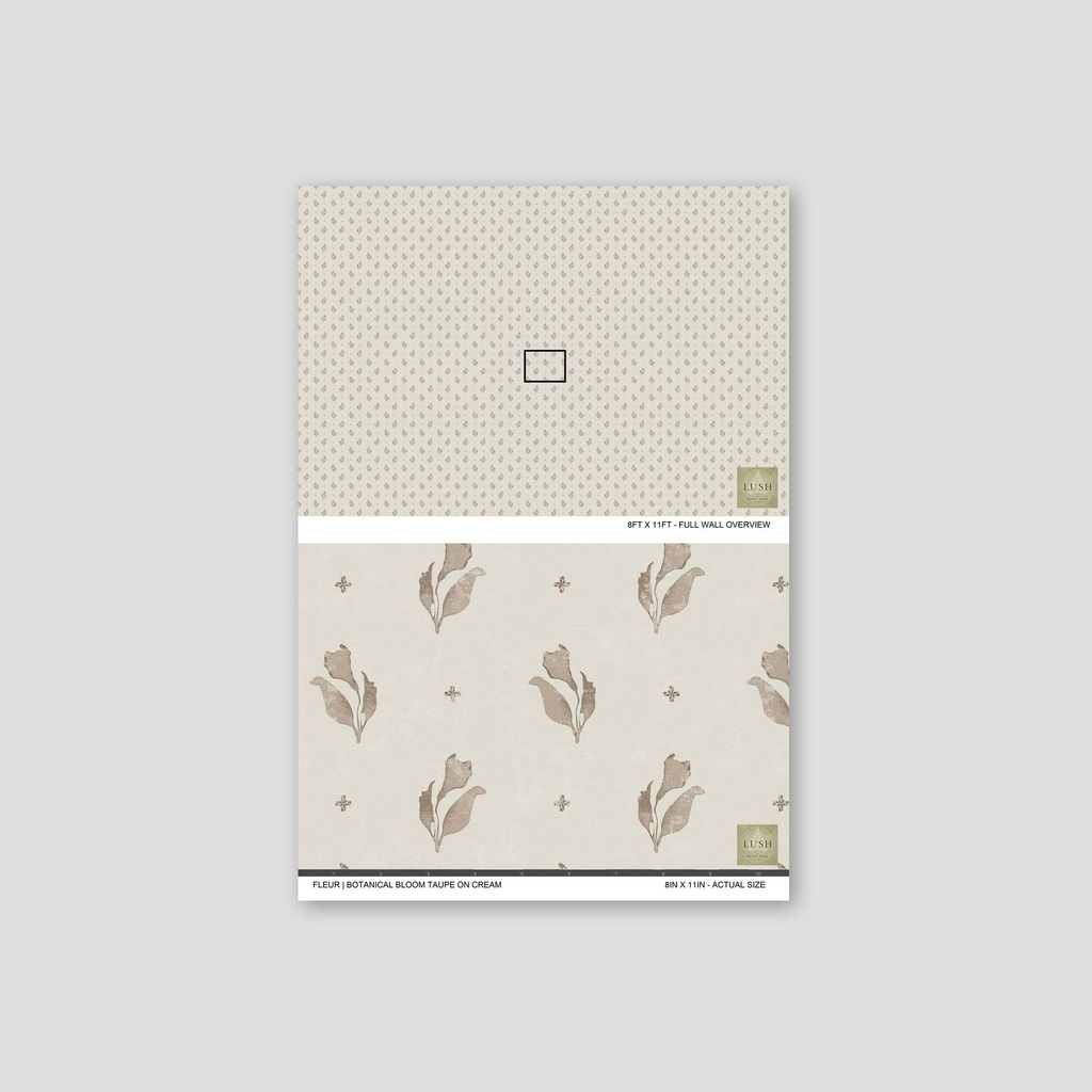 Taupe floral motifs on cream wallpaper sample with botanical design.