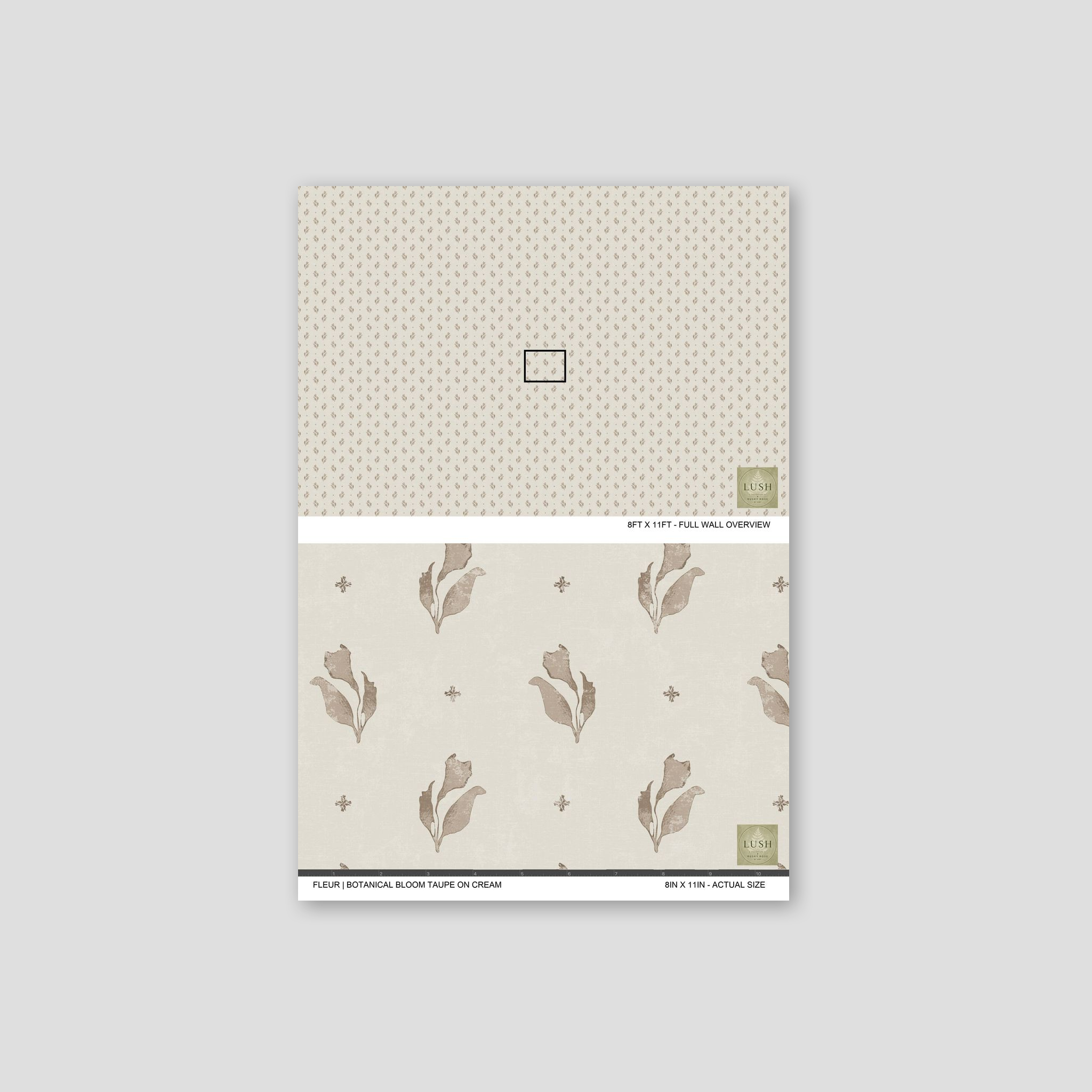 Taupe floral motifs on cream wallpaper sample with botanical design.