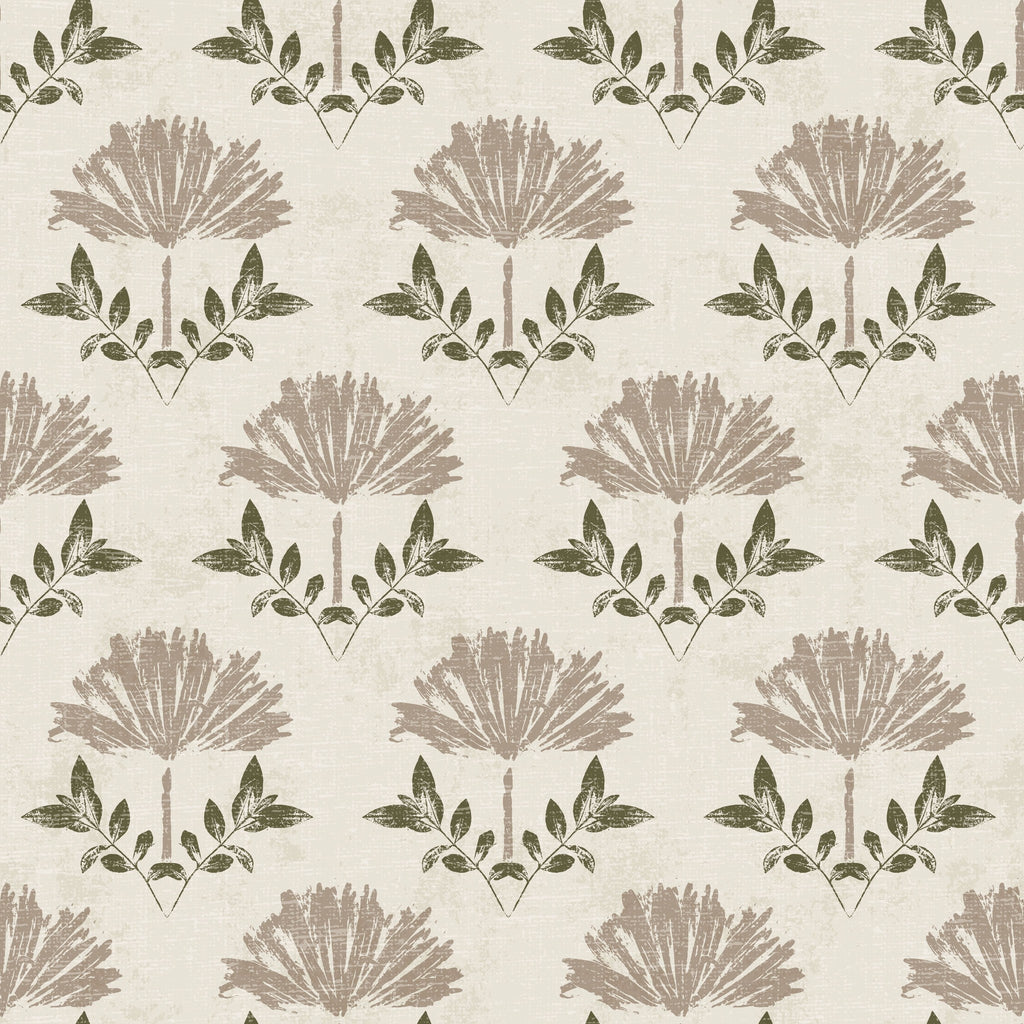 Taupe floral and leaf pattern on cream background wallpaper