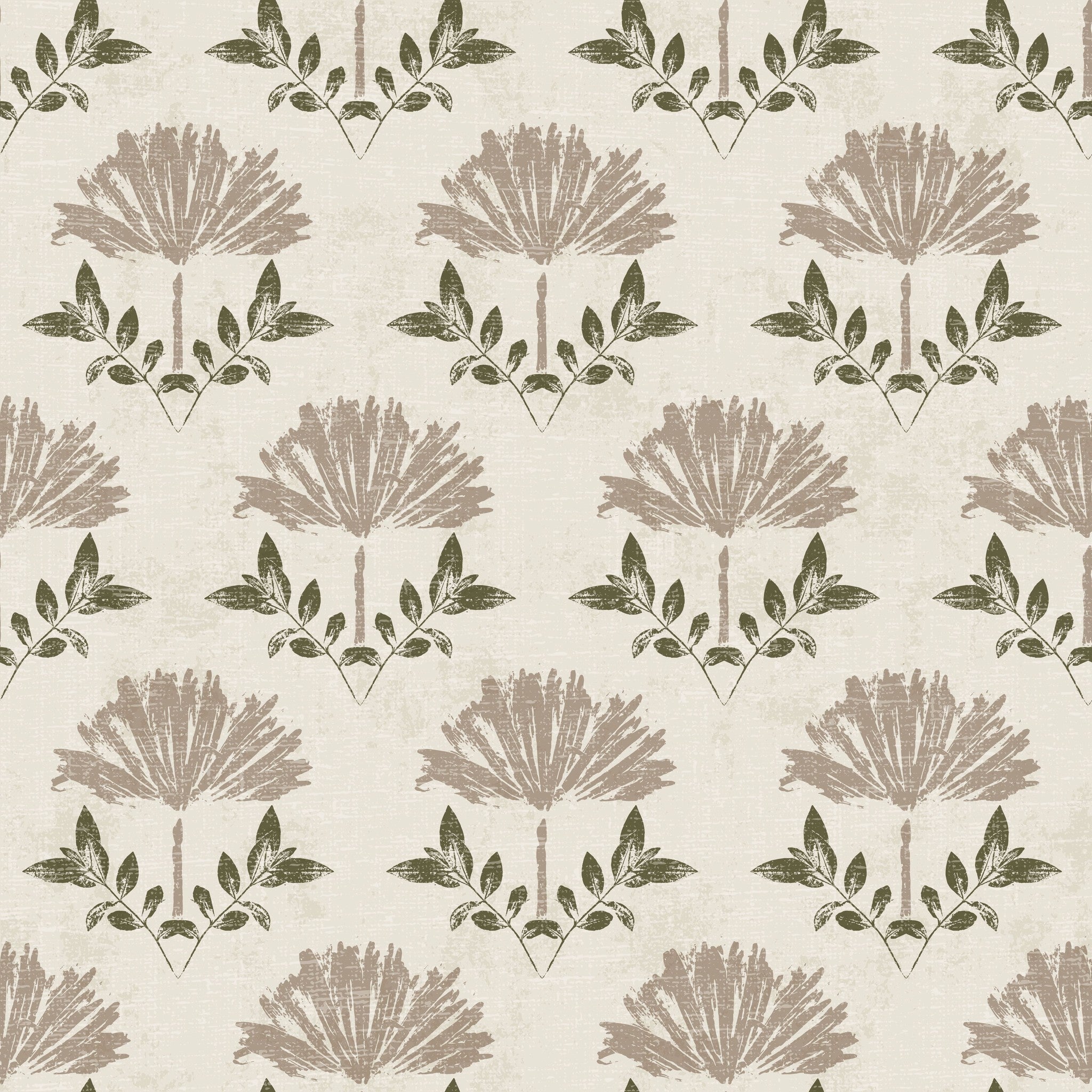 Taupe floral and leaf pattern on cream background wallpaper