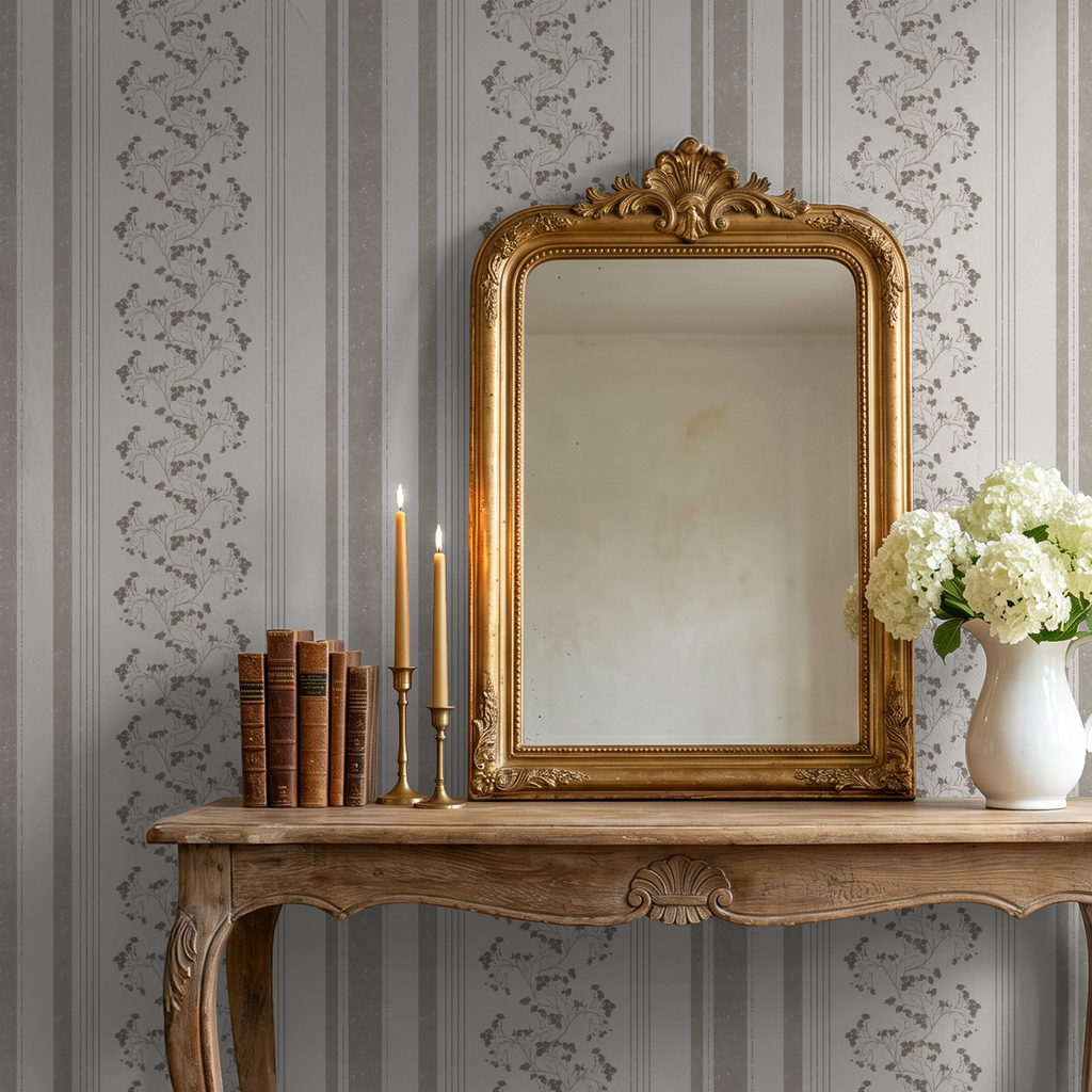Taupe floral stripe wallpaper in elegant room with gold mirror and wooden table.