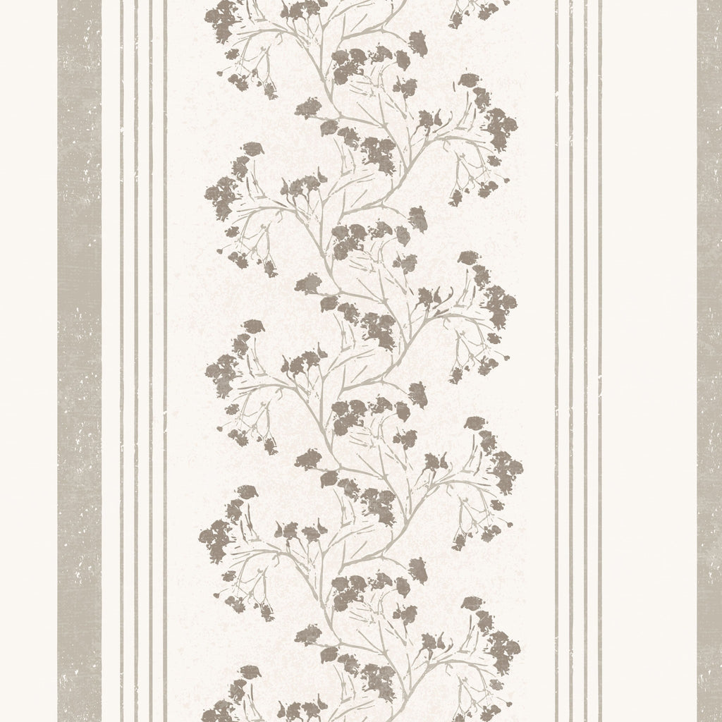 Taupe floral stripe wallpaper with vintage botanical design on linen texture.