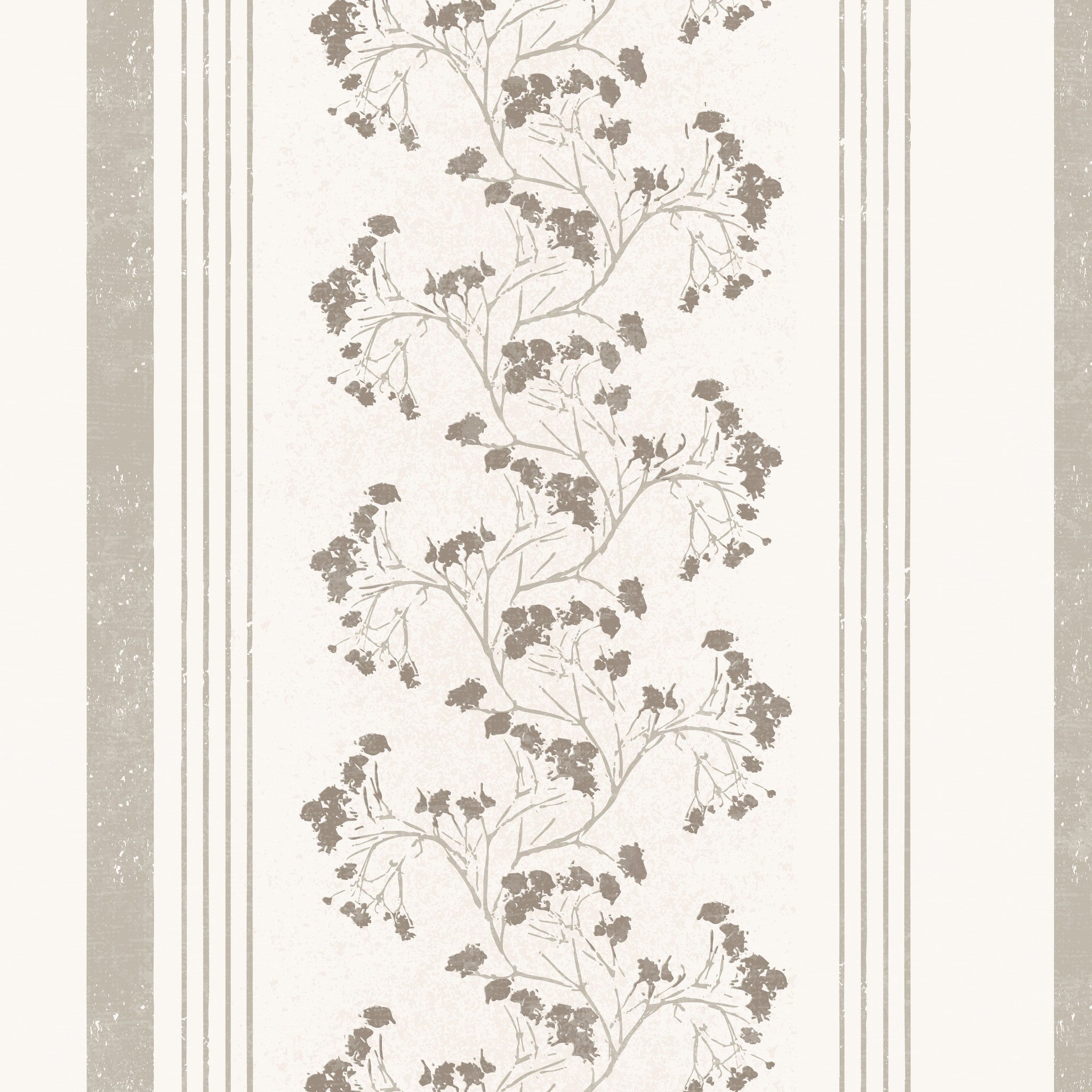 Taupe floral stripe wallpaper with vintage botanical design on linen texture.