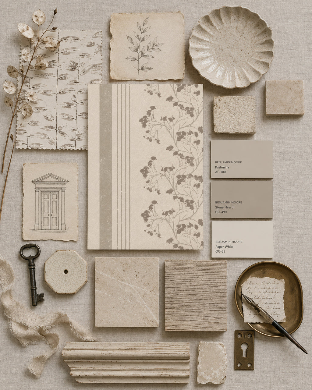 Taupe floral stripe wallpaper sample with vintage decor elements.