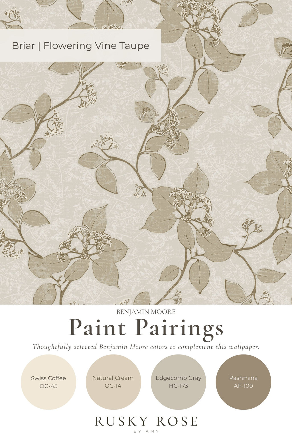 Taupe floral vine wallpaper with cream background and paint pairings.