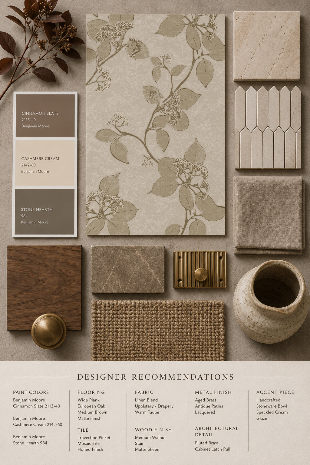 Taupe floral vine wallpaper with designer materials and color swatches.