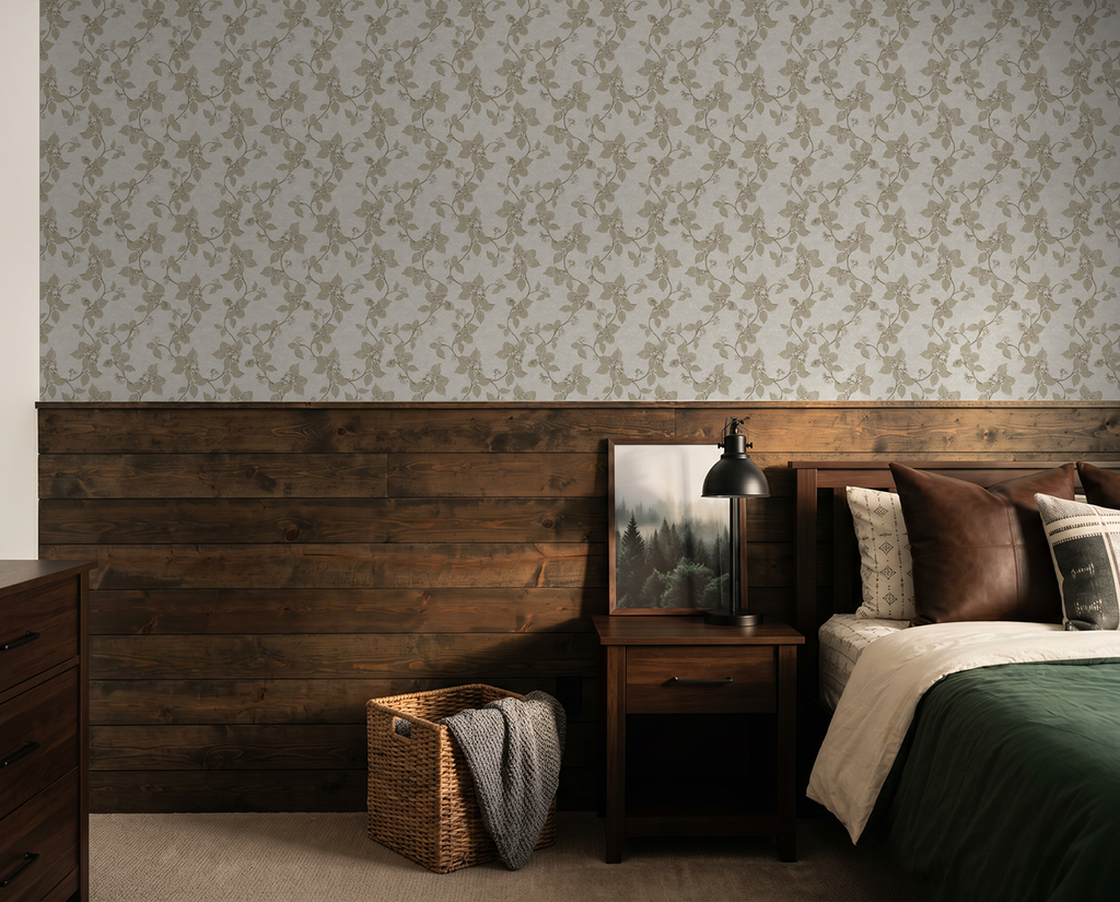 Taupe floral vine wallpaper in rustic bedroom with wood paneling and cozy decor.
