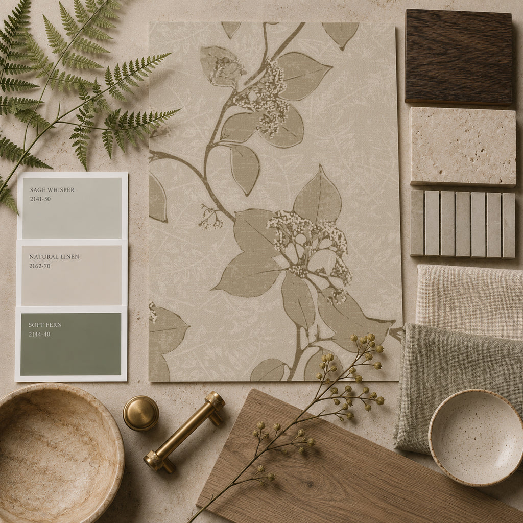 Taupe floral vine wallpaper sample with neutral decor elements and paint swatches.
