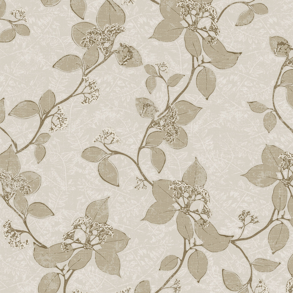 Taupe floral vine wallpaper with delicate cream motifs on a textured background.