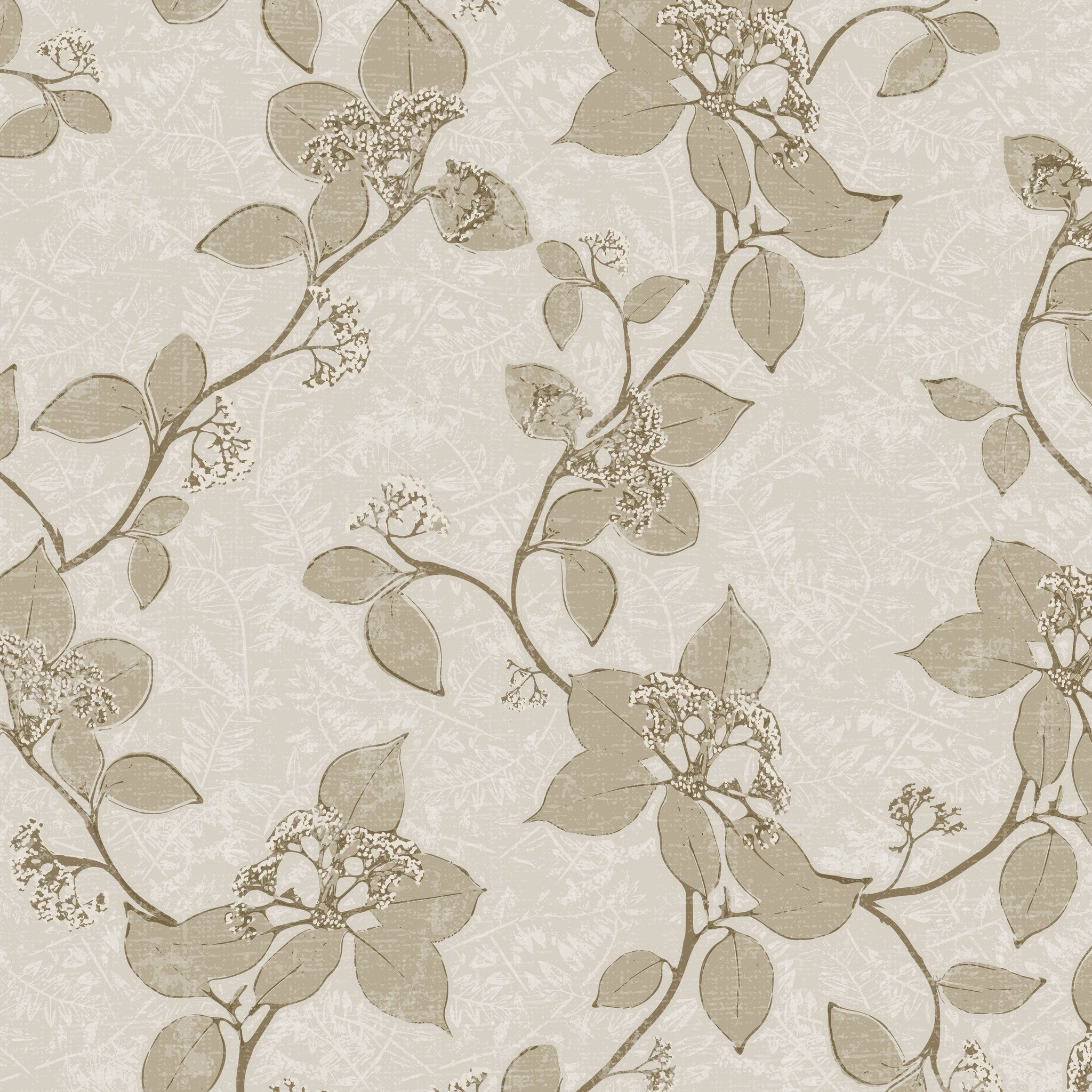 Taupe floral vine wallpaper with delicate cream motifs on a textured background.