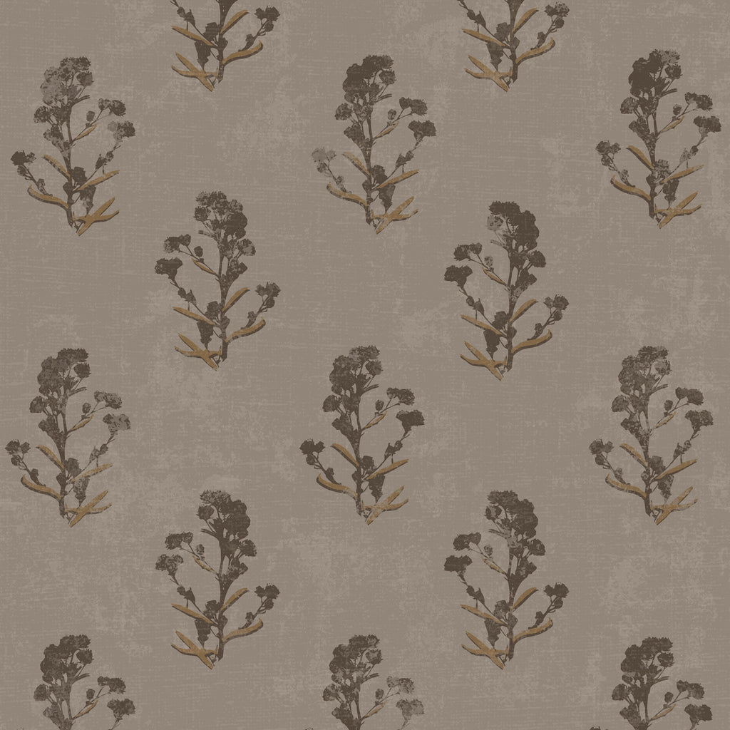 Taupe floral wallpaper with brown and grey motifs on a textured background.