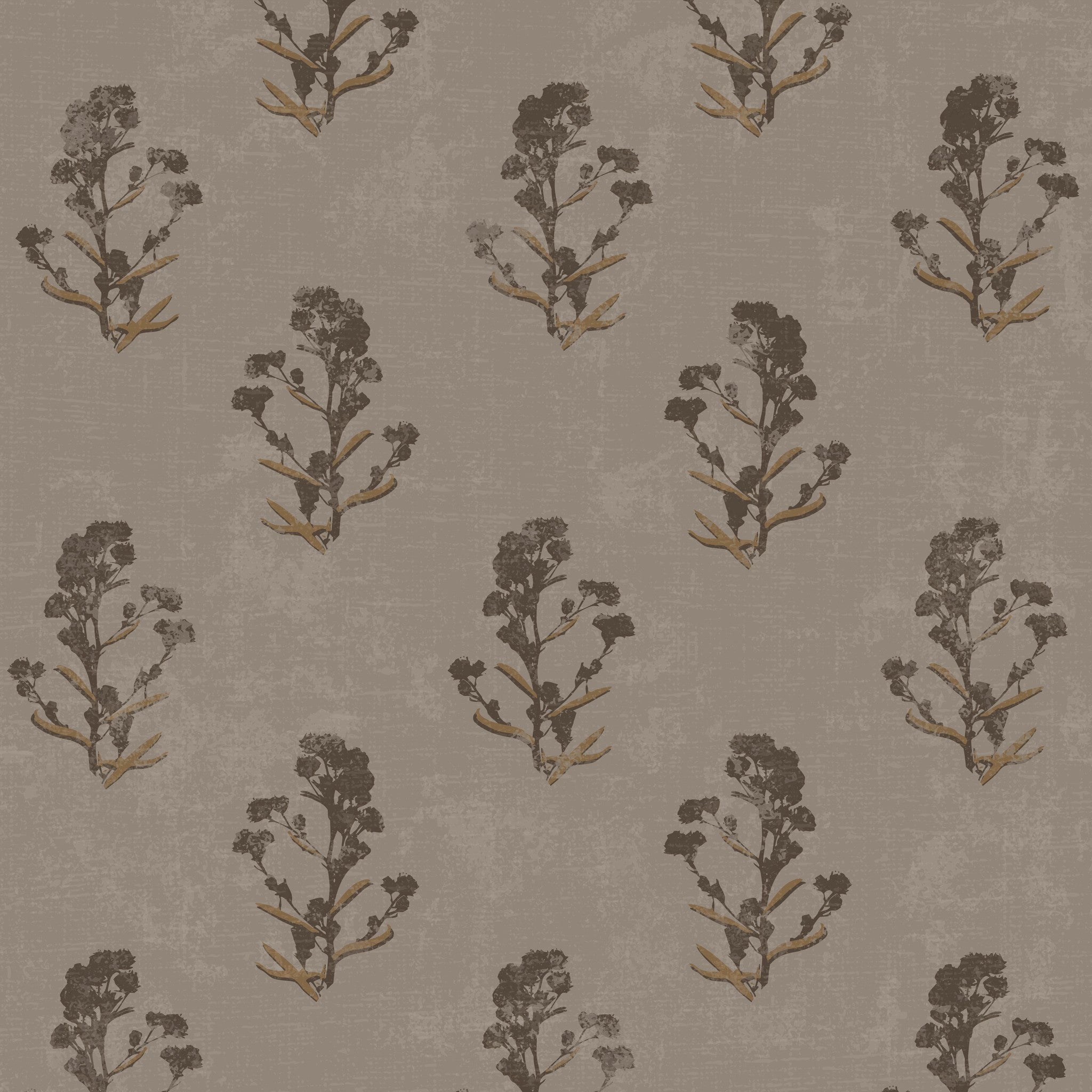 Taupe floral wallpaper with brown and grey motifs on a textured background.