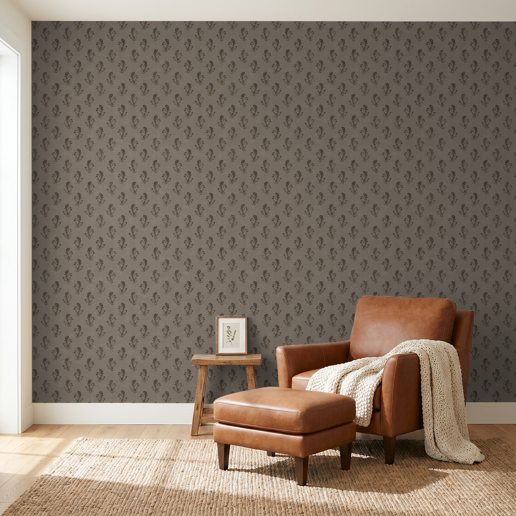 Taupe floral wallpaper with brown motifs in cozy living room with leather chair.