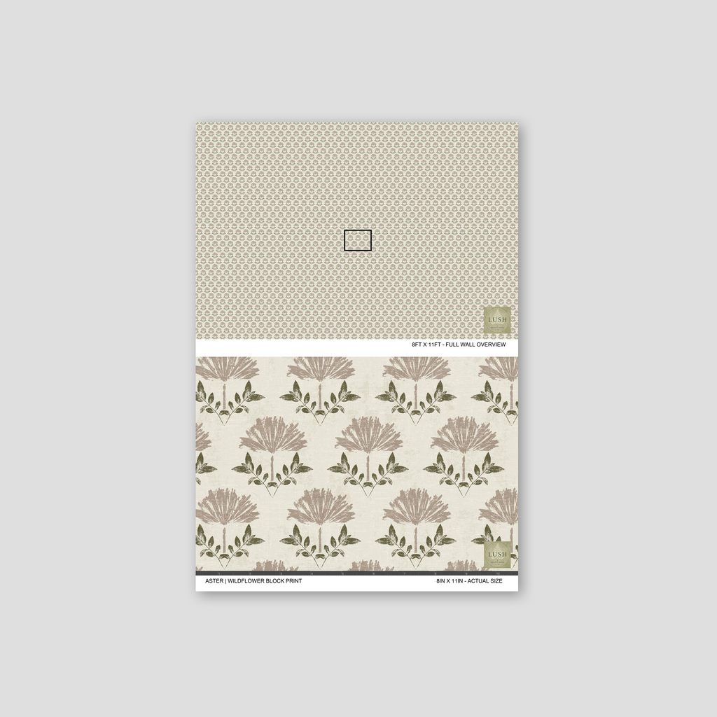 Taupe floral wallpaper with cream background, vintage rustic style.