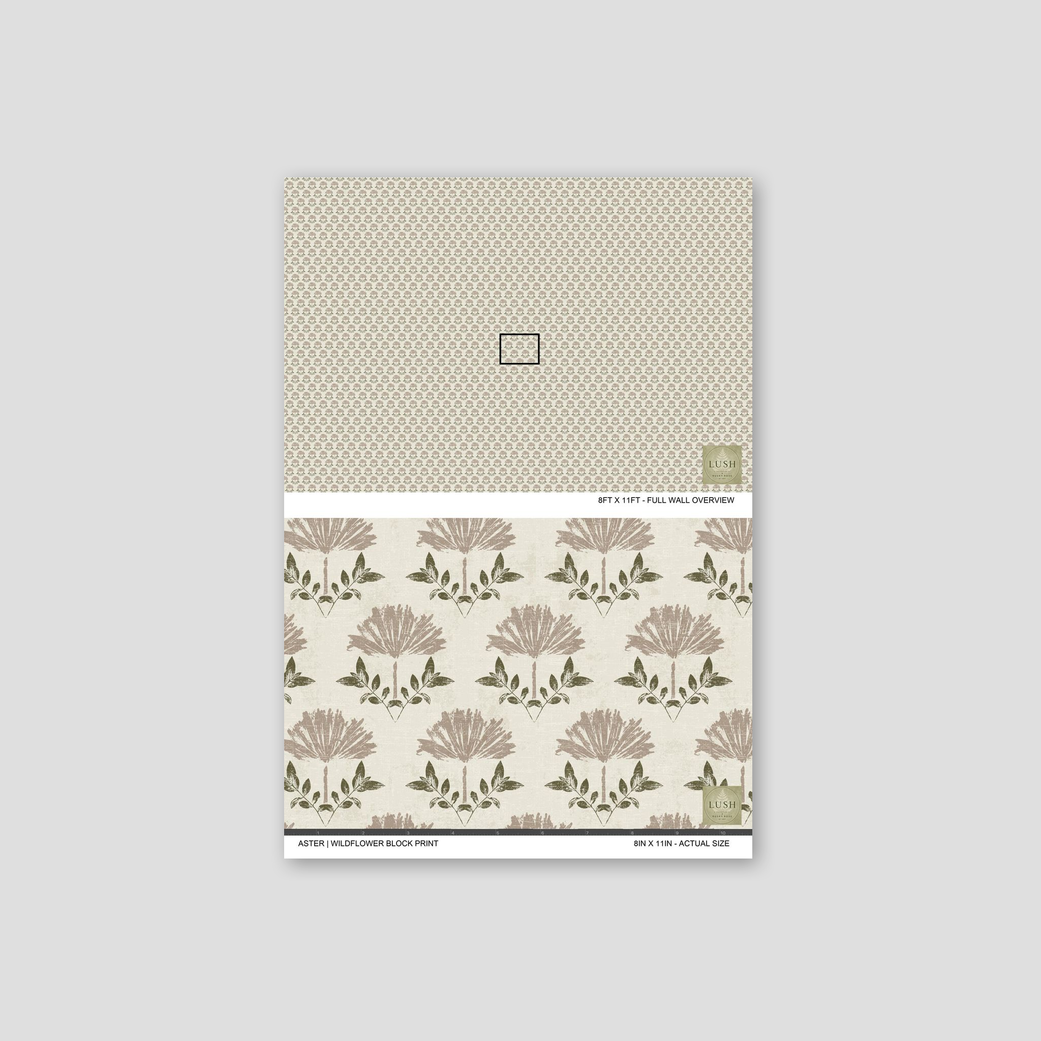 Taupe floral wallpaper with cream background, vintage rustic style.