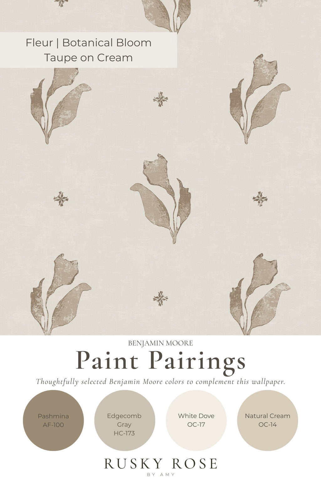 Taupe floral motifs on cream wallpaper with paint pairings.
