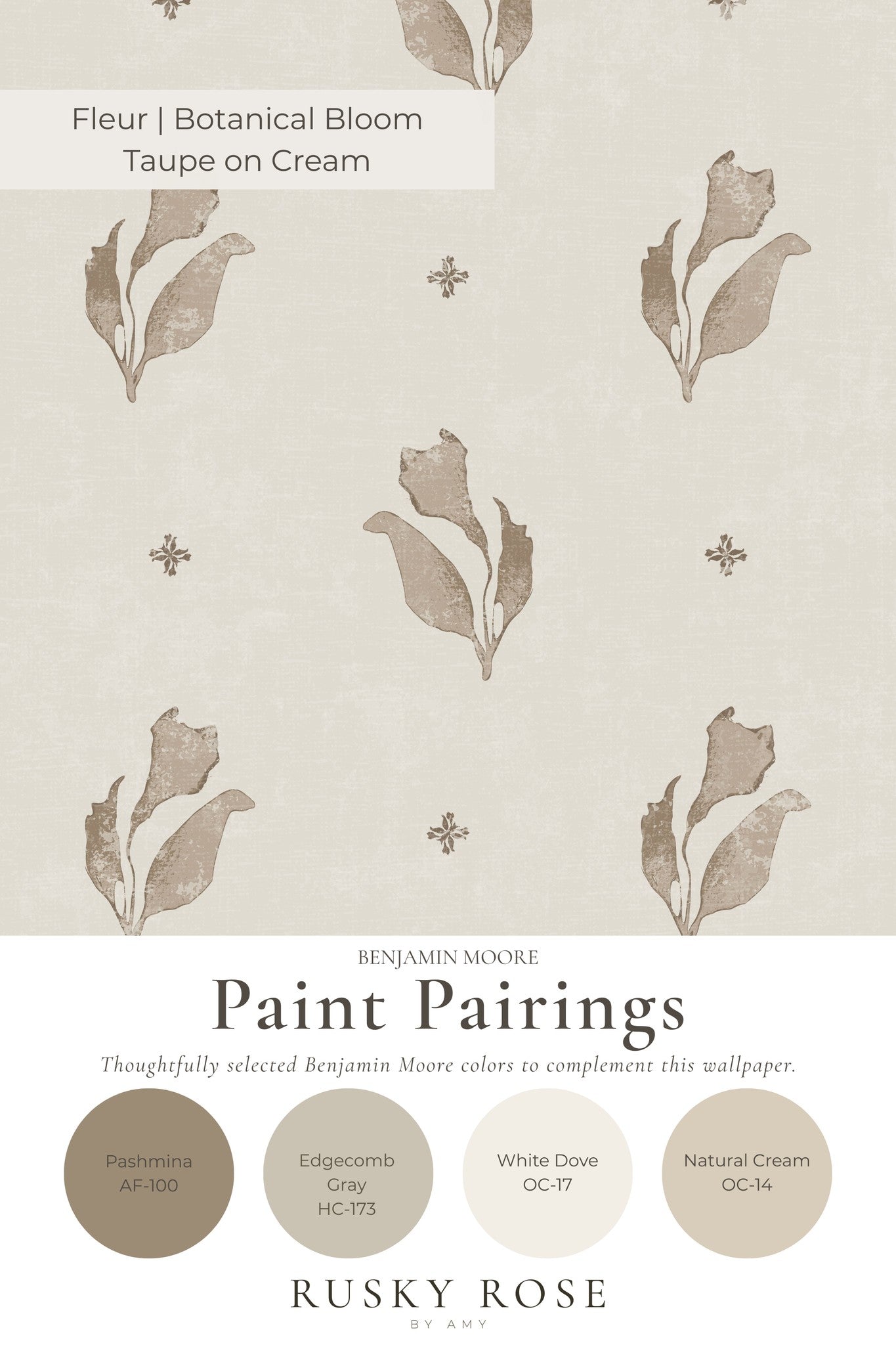 Taupe floral motifs on cream wallpaper with paint pairings.