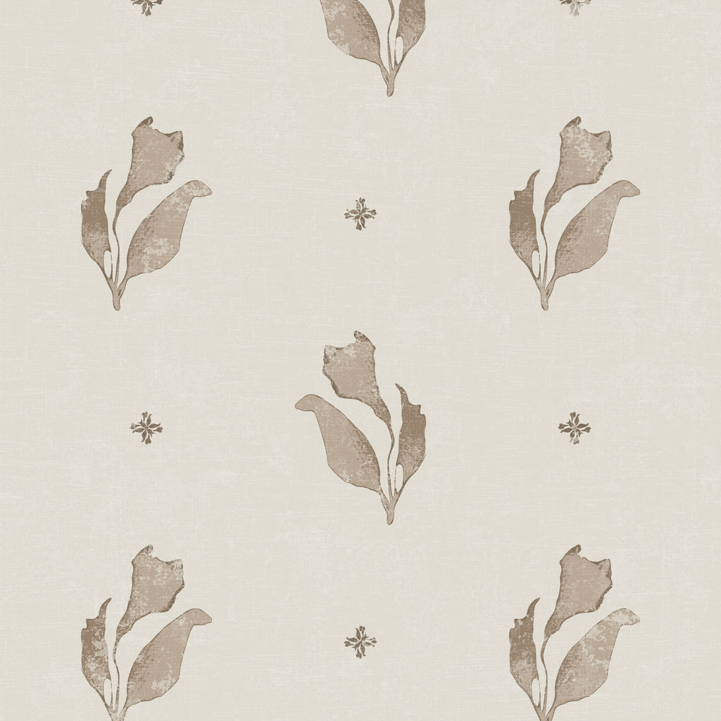 Taupe floral motifs on cream background wallpaper with botanical elegance.