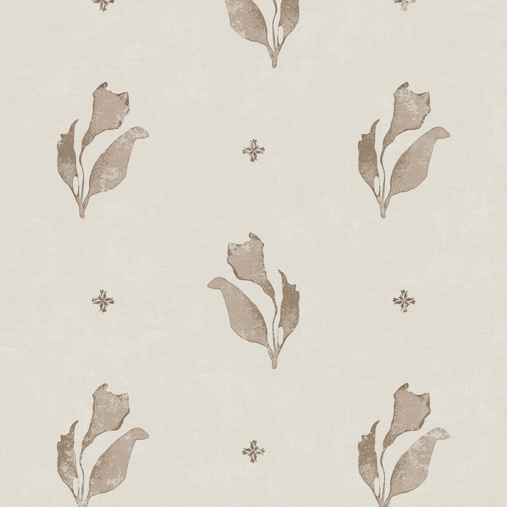 Taupe floral motifs on cream background wallpaper with botanical elegance.