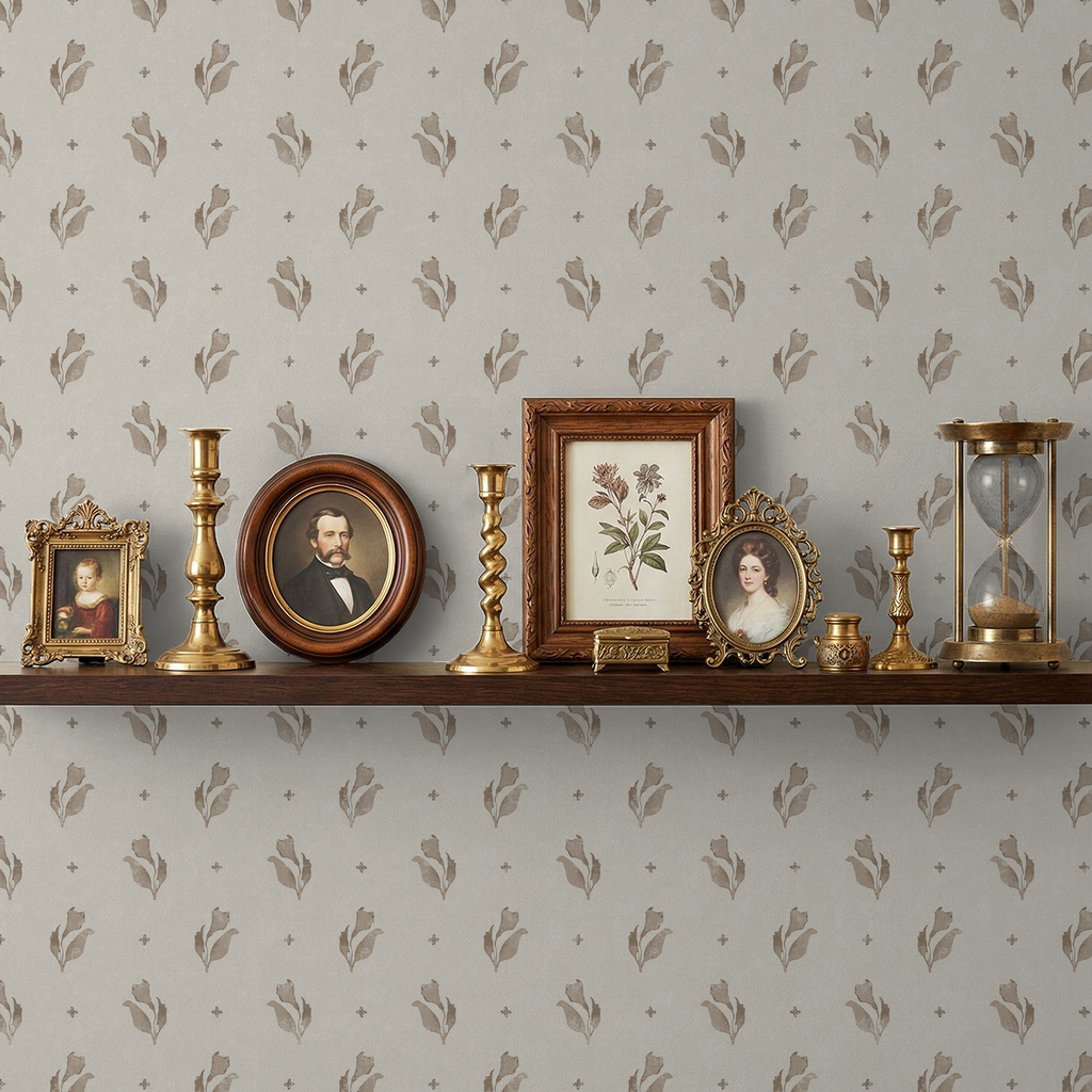 Taupe floral wallpaper on cream with vintage decor on shelf