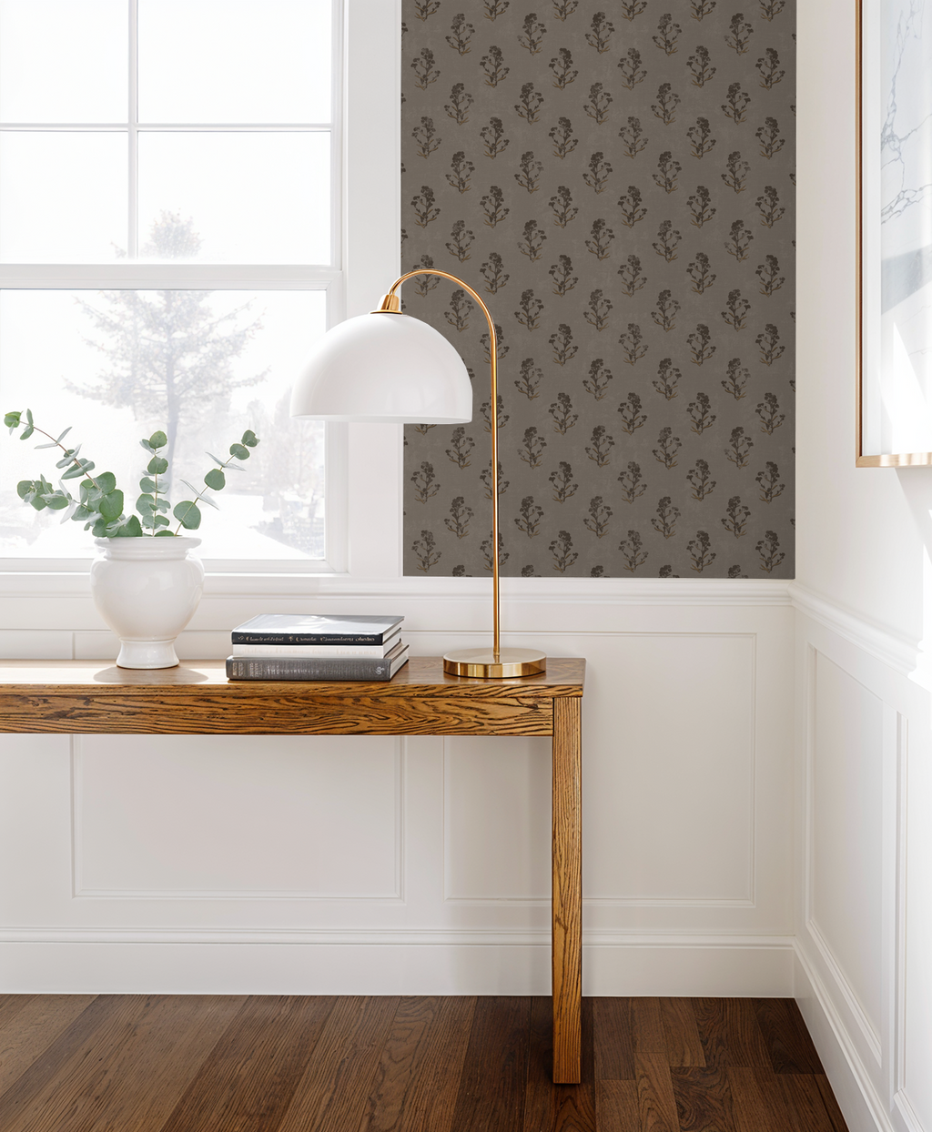 Taupe floral wallpaper with delicate motifs in elegant room setting