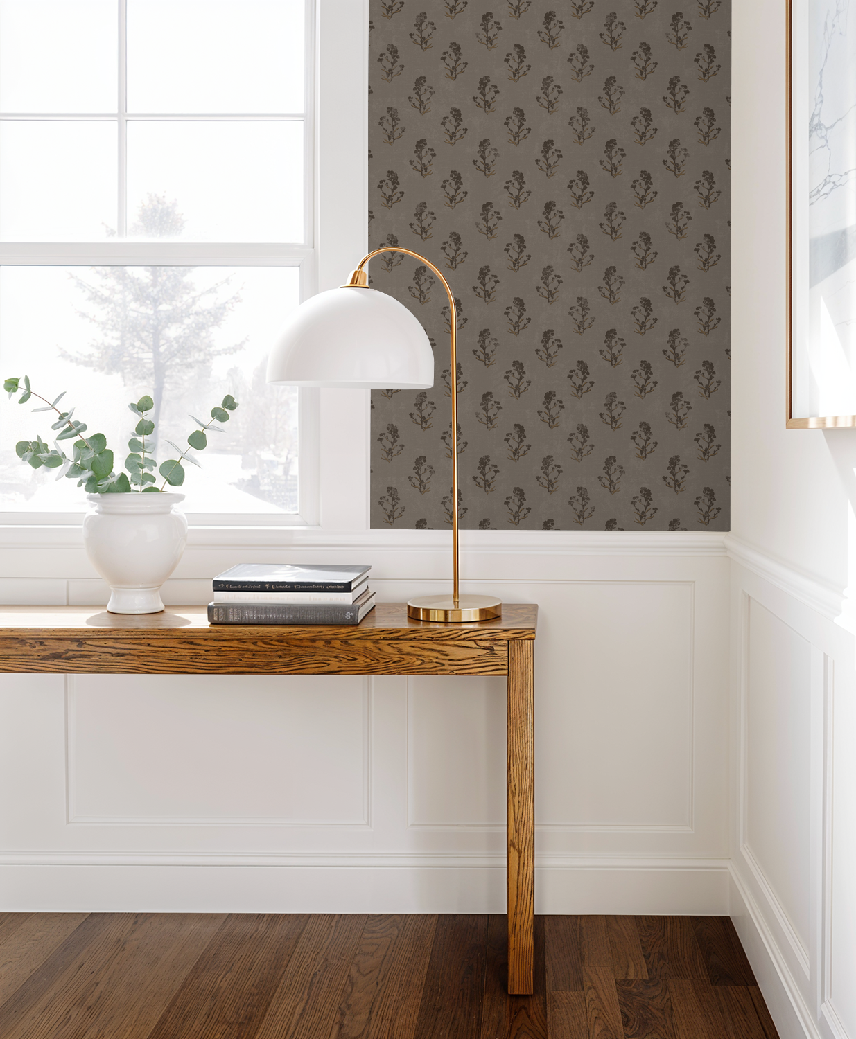 Taupe floral wallpaper with delicate motifs in elegant room setting