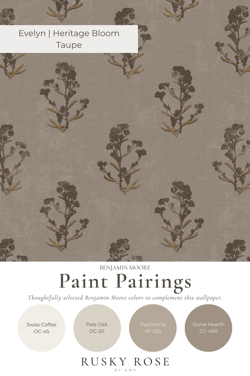 Taupe wallpaper with delicate brown and grey floral motifs, Heritage Bloom design.