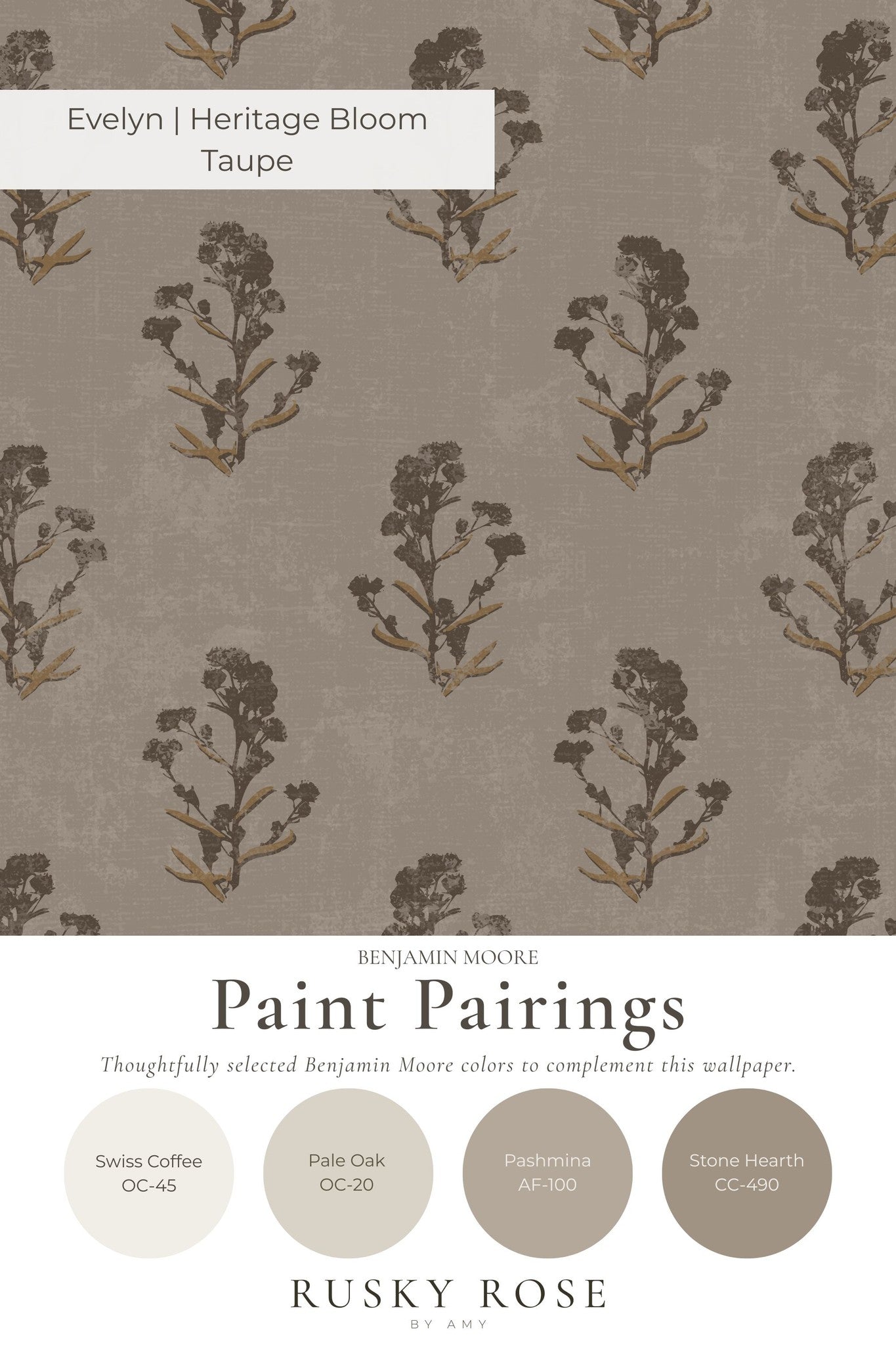 Taupe wallpaper with delicate brown and grey floral motifs, Heritage Bloom design.