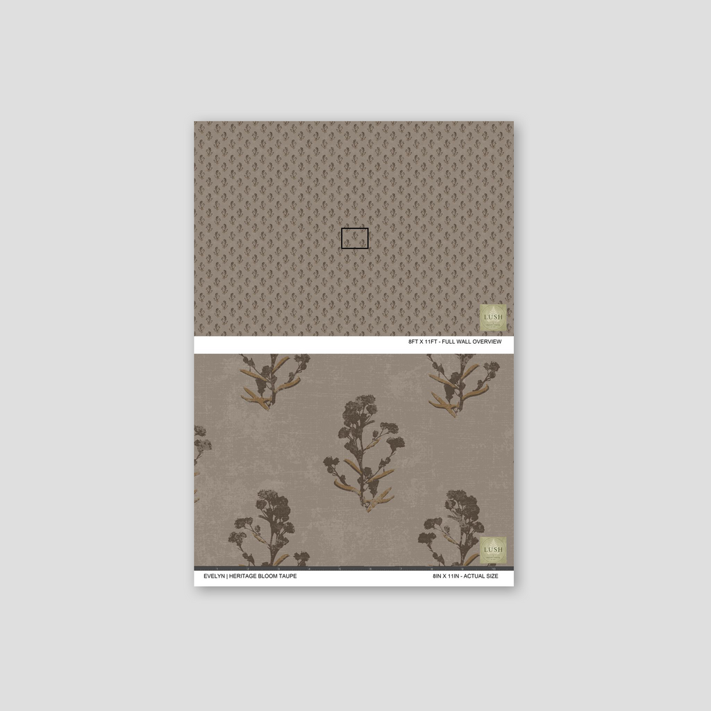 Taupe wallpaper with delicate floral motifs in earthy browns and greys.