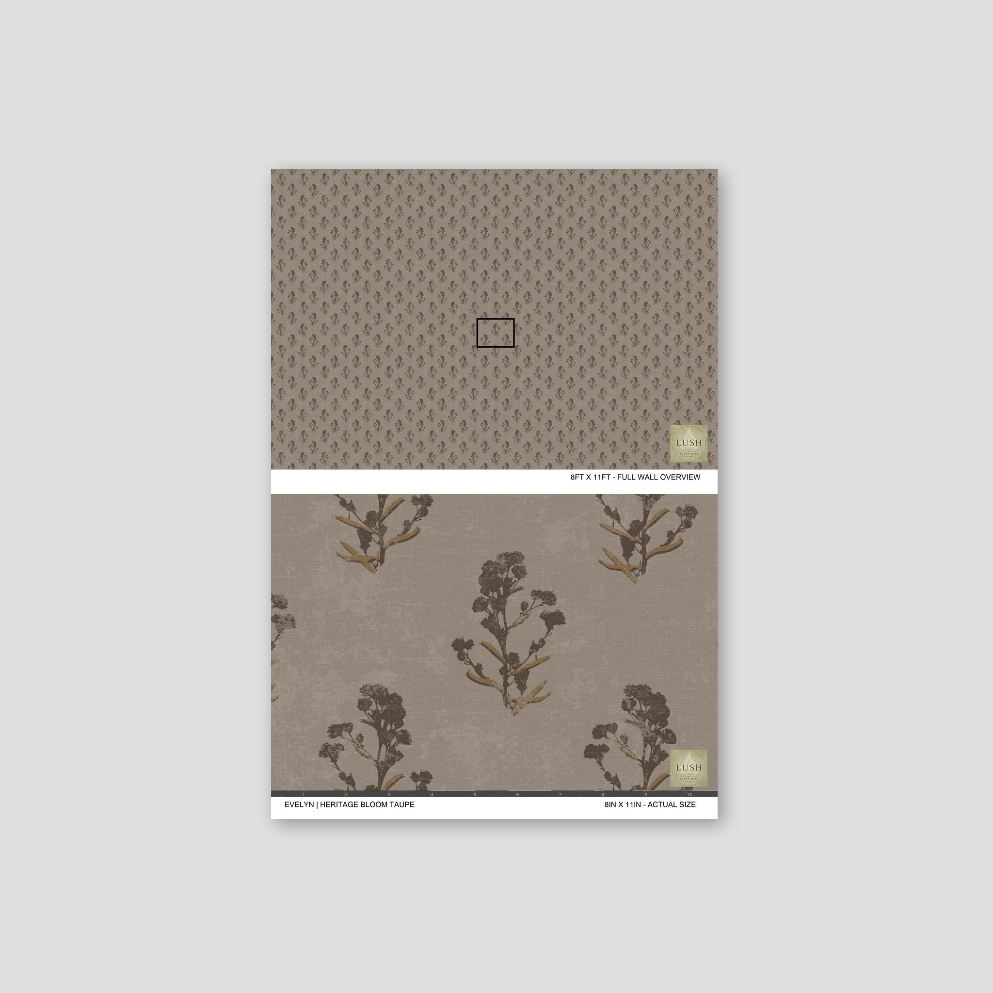Taupe wallpaper with delicate floral motifs in earthy browns and greys.