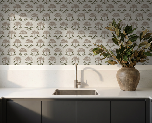 Taupe floral wallpaper with cream background in modern kitchen setting.