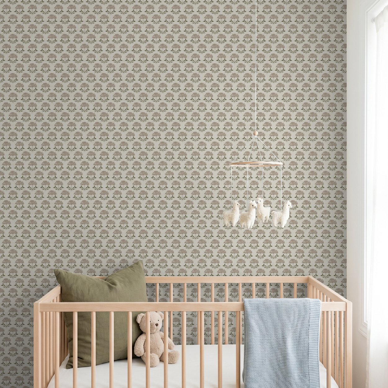 Taupe floral wallpaper in nursery with crib and plush toys, rustic elegance.