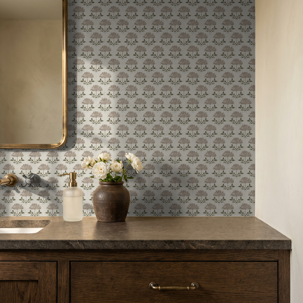 Taupe floral wallpaper in rustic bathroom with wooden vanity and mirror.