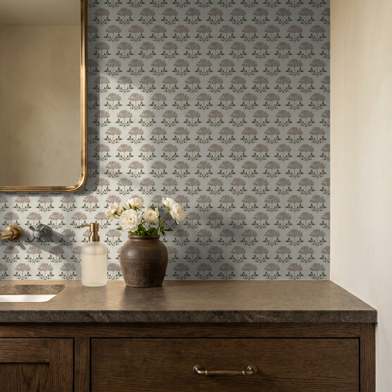 Taupe floral wallpaper in rustic bathroom with wooden vanity and mirror.