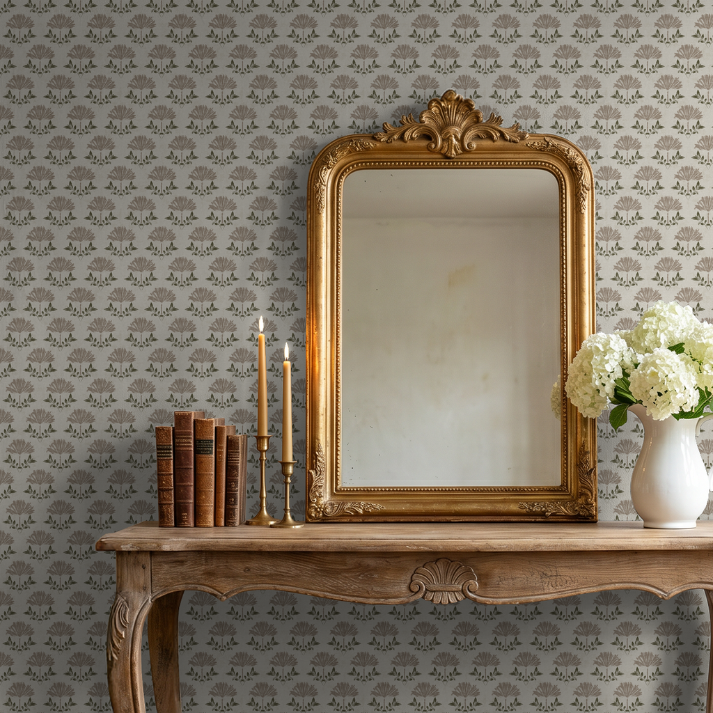 Rustic floral taupe wallpaper with mirror and wooden table decor.