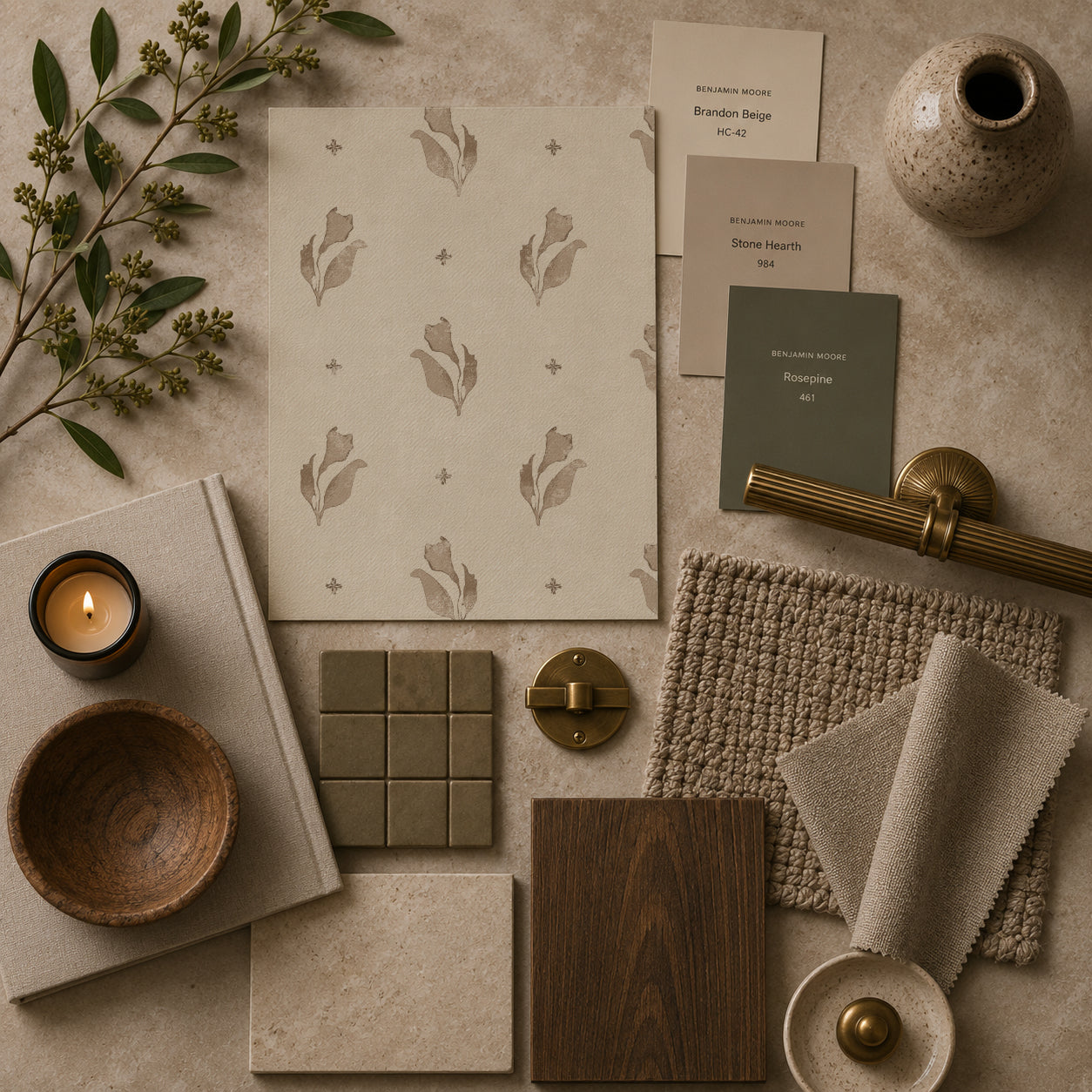 Taupe floral wallpaper sample with decor items in neutral tones.