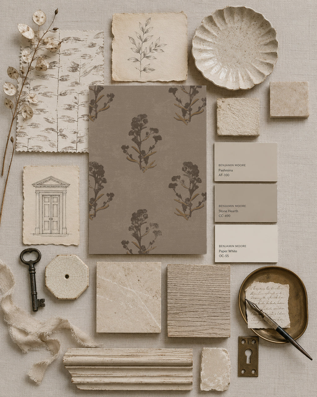 Taupe floral wallpaper sample with earthy tones and vintage decor elements.