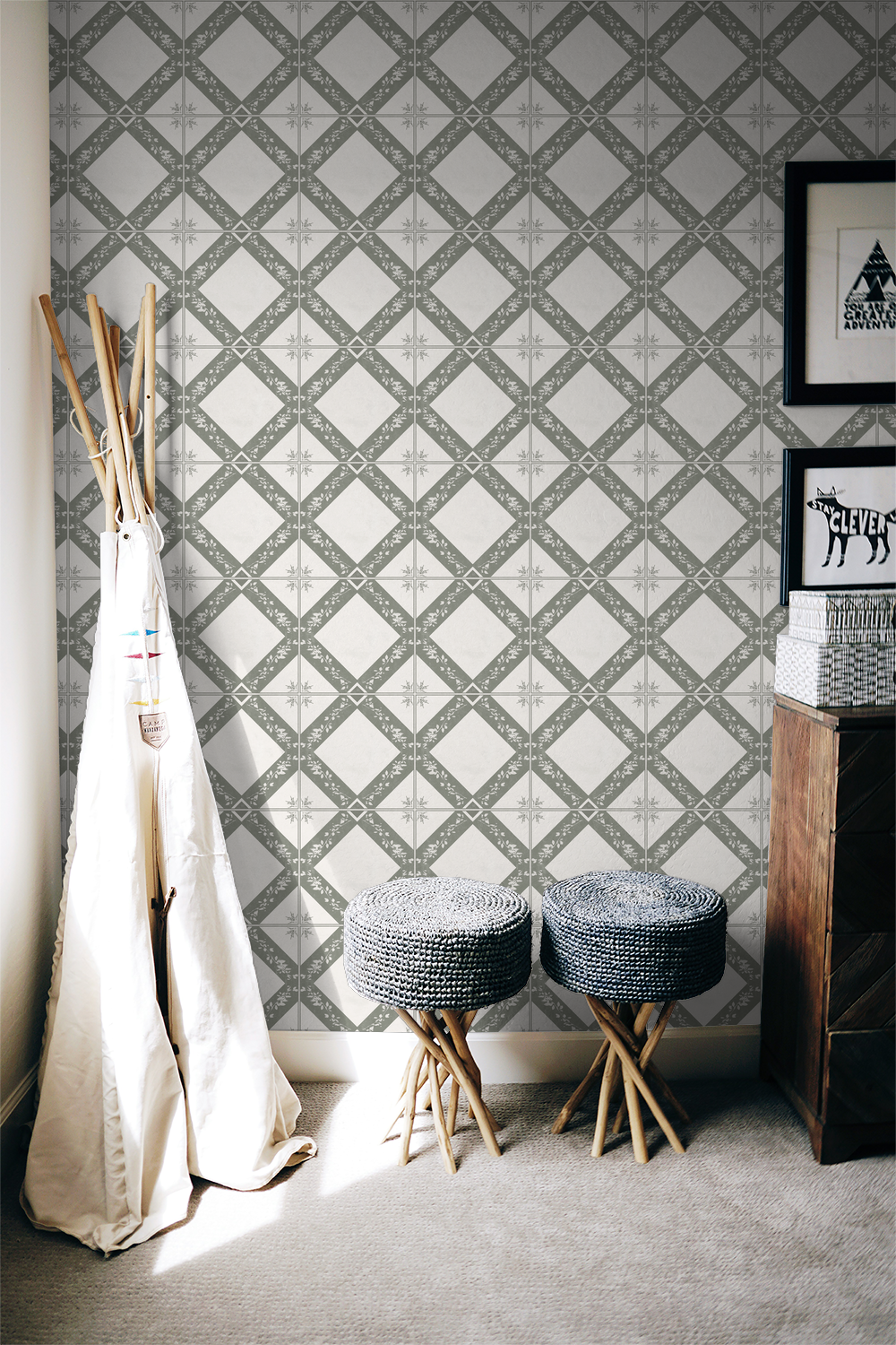 Taupe geometric floral wallpaper in cozy room with decor accents.