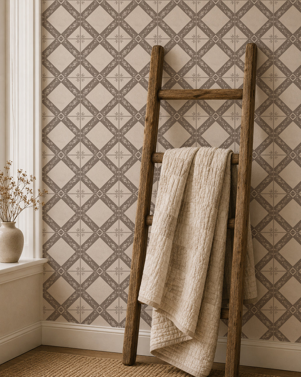 Taupe geometric floral wallpaper in cozy room with wooden ladder and beige throw.
