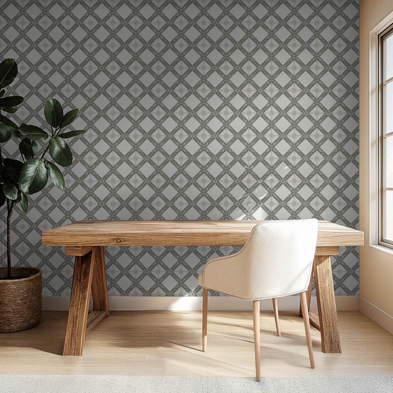 Taupe geometric floral wallpaper in a modern office with wooden desk and chair.