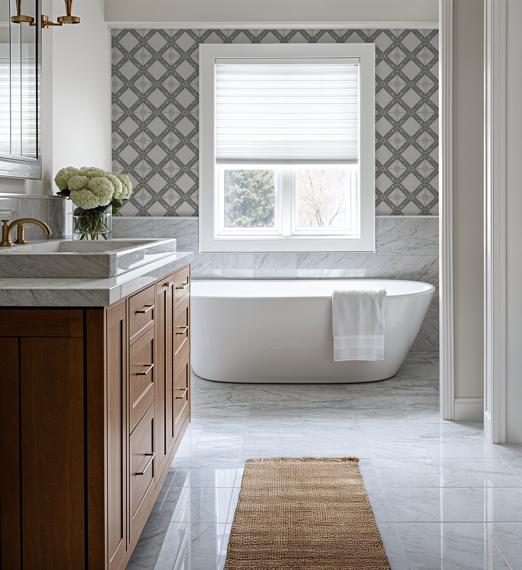 Taupe geometric trellis wallpaper in elegant bathroom with white tub and wooden vanity.