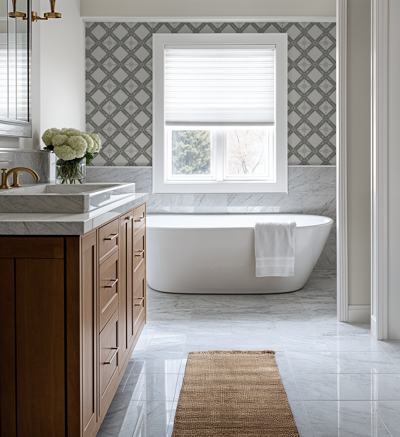 Taupe geometric trellis wallpaper in elegant bathroom with white tub and wooden vanity.