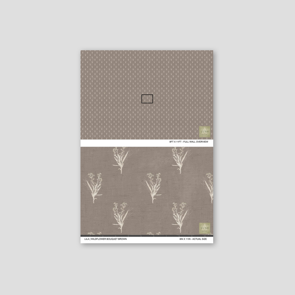 Taupe wallpaper with ivory botanical motifs, textured floral pattern.